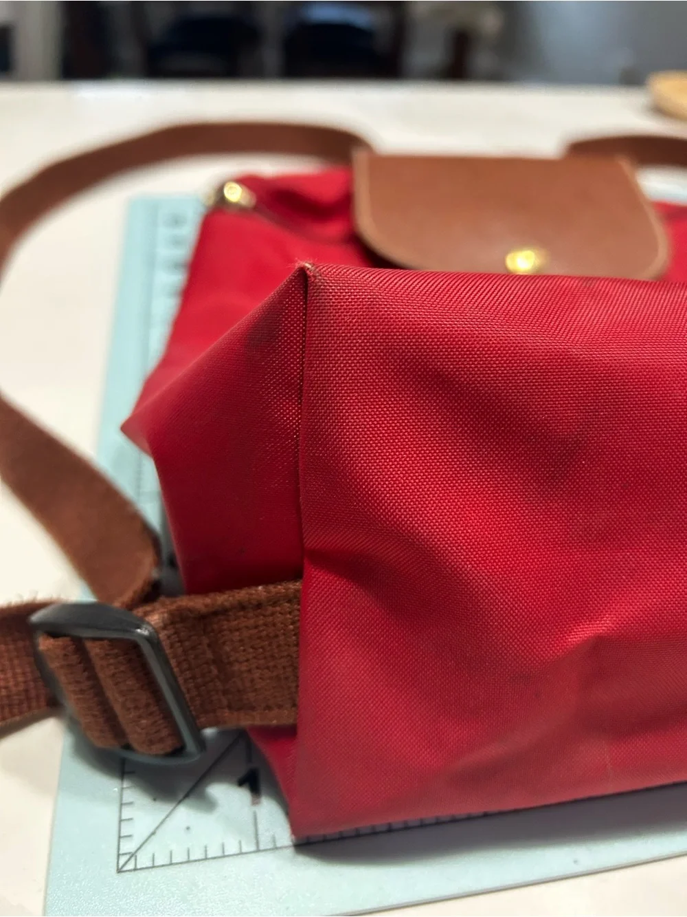 Longchamp Red Nylon Backpack with Brown Leather Flap